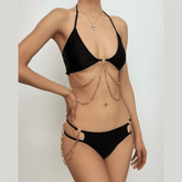 Bikini-Bademode mit Metallkette, gepolstert, ausgehöhlt, Neckholder, zum Selbstbinden